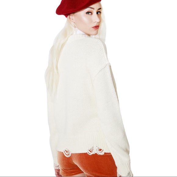 WILDFOX Chunky Knit Distressed “Sure Yeah Ok” Graphic Oversized Sweater Cream - Picture 10 of 16